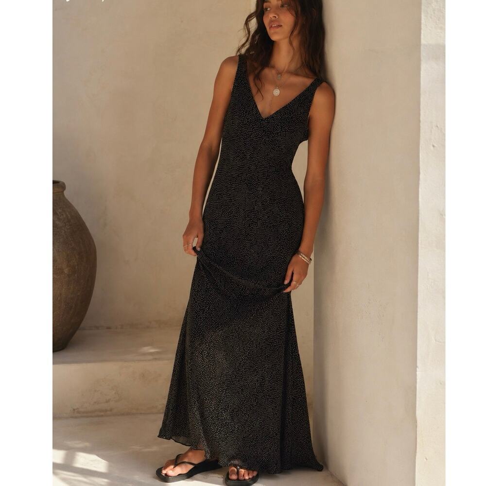 VTG Lightweight Silk Ditzy Summer Tan/Black V-Neck Maxi Dress Flowy Preppy- 6